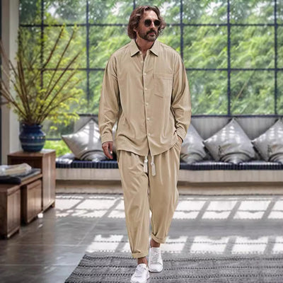 Conjunto de Dos Piezas: Camisa de Algodón y Lino + Pantalón Holgado de Manga Larga
