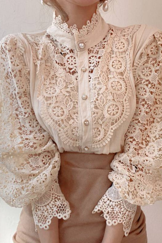 Blusa Elegante de Encaje con Cuello Alzado y Mangas Largas para Mujer - Image 2