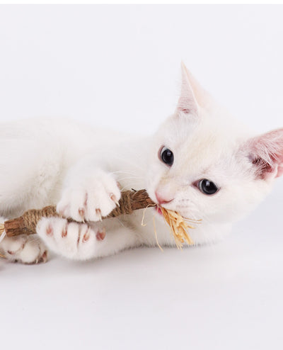 14cm natural wooden cat chew toy wrapped with cotton rope and raffia ends, designed for tooth cleaning. - Image 12