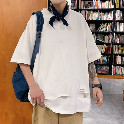 Playera Casual de Cuello Redondo con Rasgaduras Diseño Moderno