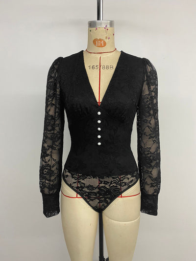 Jumpsuit Elegante Retro con Escote Profundo y Encaje de Manga Larga - Image 8