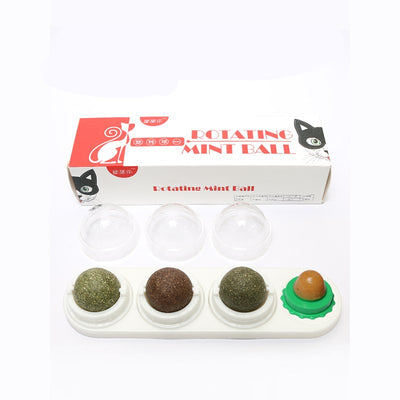 Cat toy with blue base, three rotating catnip/matatabi balls, and one licking candy, in a box labeled 'Rotating Mint Ball'. - Image 29