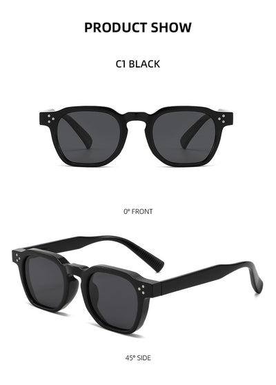 Black square frame sunglasses with dark lenses and small silver accents on the front, shown at an angle. - Image 16
