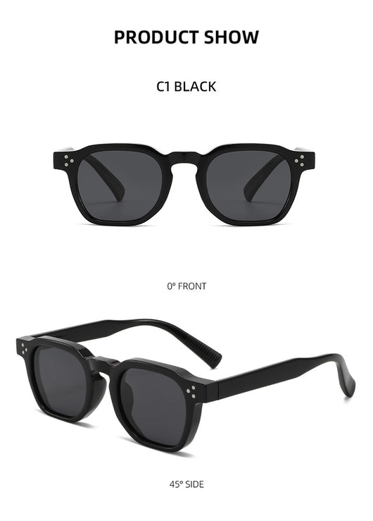 Black square frame sunglasses with dark lenses and small silver accents on the front, shown at an angle. - Image 16