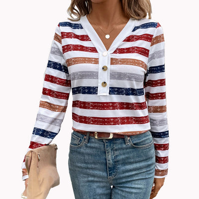 Blusa Mujer Rayas Cuello V Manga Larga con Detalles de Cierre - Image 5