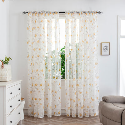 Sheer white mesh curtains with purple and light blue floral patterns, hung on a black rod in a bright room. - Image 13