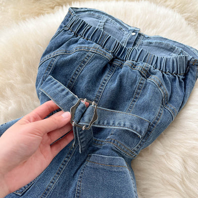 Pantalón Palazzo Denim de Cintura Alta con Top Tubo para Primavera y Verano - Image 3