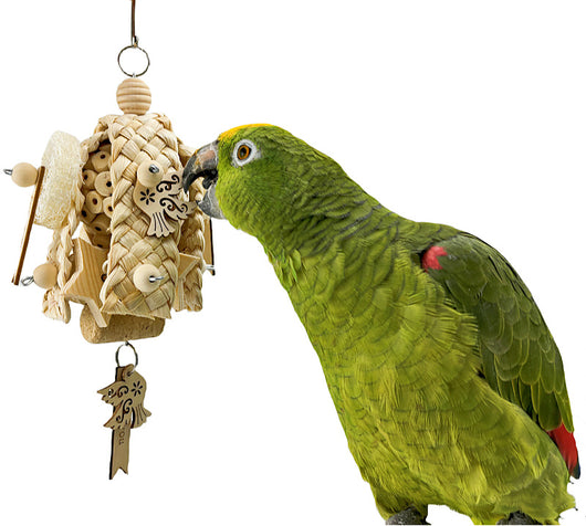Natural ricepaperplant pith ball gnawing toy for parrots, featuring a braided top, wooden star, and 'short hair girl' design. - Image 12