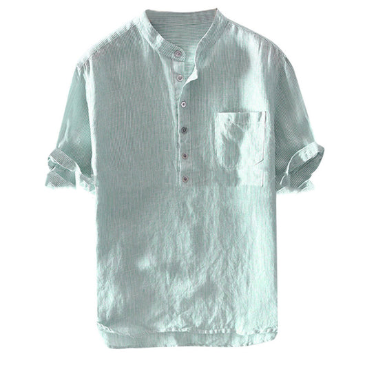 Camisa Casual de Hombre con Cuello Alzado y Rayas Lavadas - Image 10