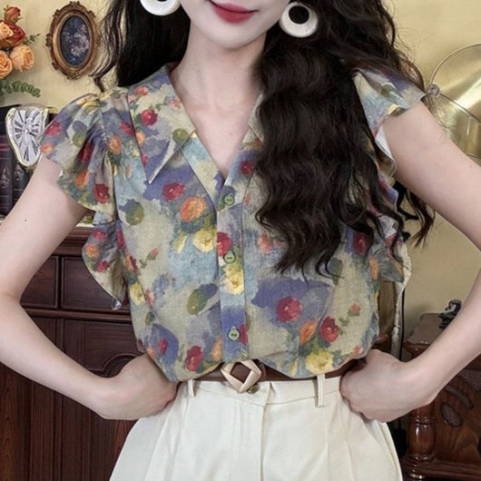 Blusa Elegante Retro con Escote en V para Mujer