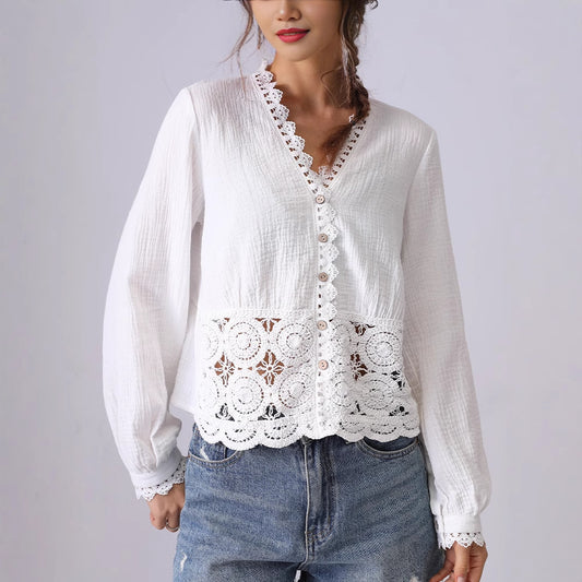 Blusa Suelta de Encaje Hueco Francés para Mujer