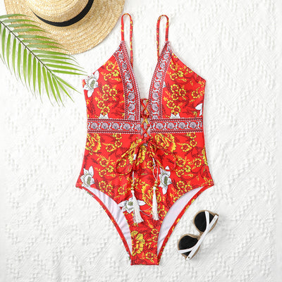 Traje de Baño Enterizo Escote Profundo Estampado Flor de Cashew - Image 7