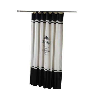 Black and white striped polyester shower curtain with a crown and text design, hanging from a silver tension rod. - Image 6