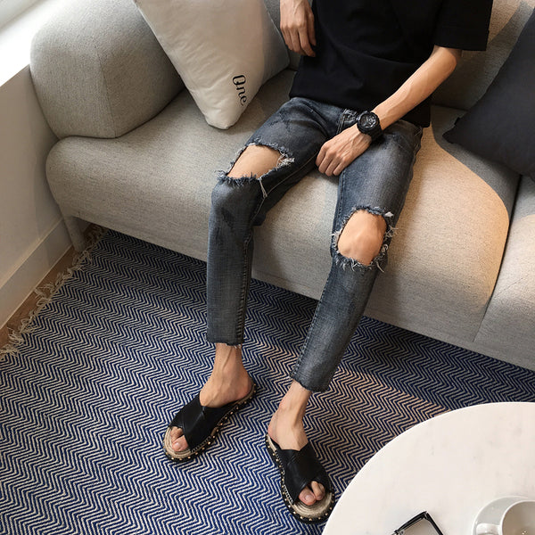 Pantalones Vaqueros Rotos a la Rodilla Estilo Urbano para Hombre