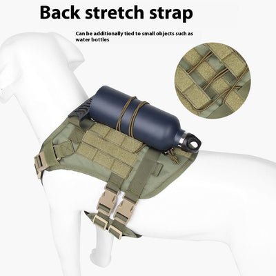 Light grey tactical dog harness made of Oxford cloth with mesh padding, adjustable straps, a top handle, and D-ring.