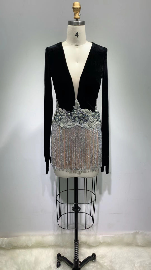 Vestido sin Mangas con Lentejuelas, Cuentas y Flecos - Image 4