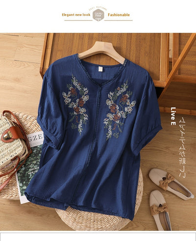 Blusa Suelta de Algodón y Lino con Escote V y Manga Corta para Mujer - Image 46