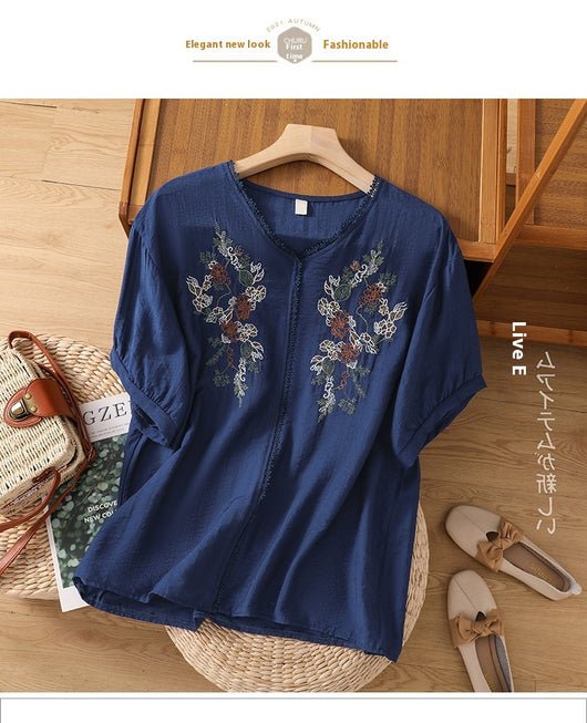 Blusa Suelta de Algodón y Lino con Escote V y Manga Corta para Mujer - Image 46