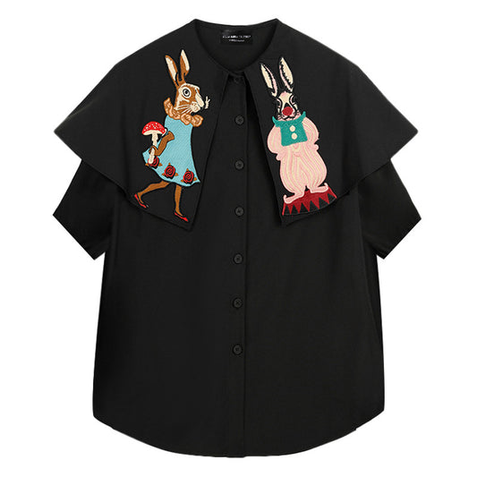 Blusa Suelta Azul Marino con Cuello Bordado de Manga Corta