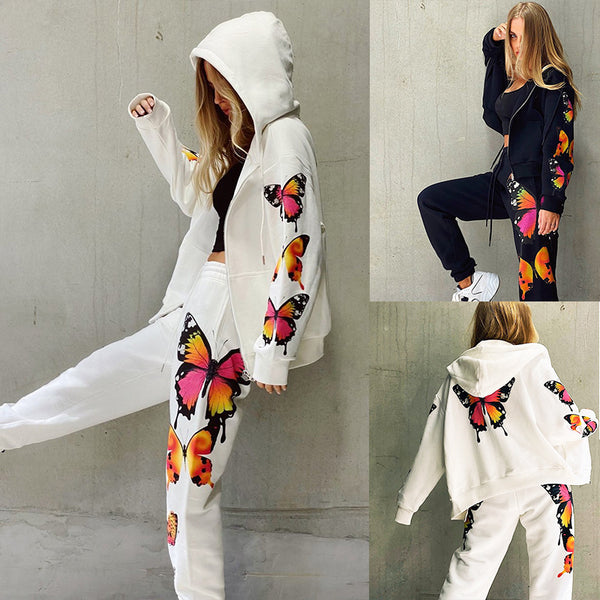 Sudadera con Capucha y Cierre Estampado Mariposas - Conjunto Casual