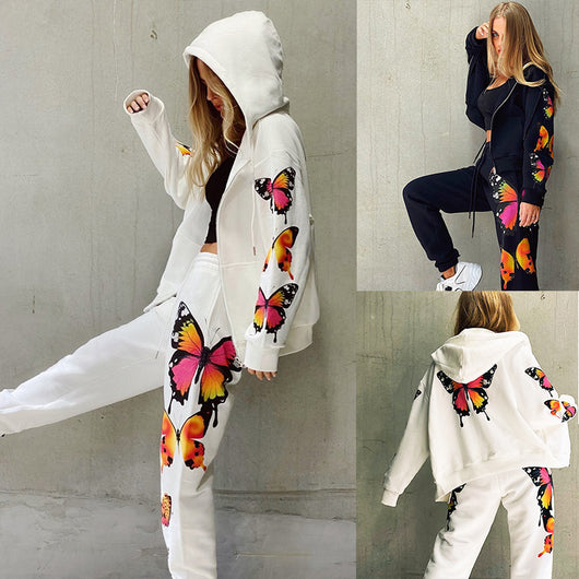 Sudadera con Capucha y Cierre Estampado Mariposas - Conjunto Casual