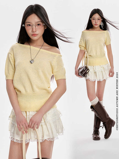 Blusa Tejida Escote Frío Manga Corta para Mujer - Image 4