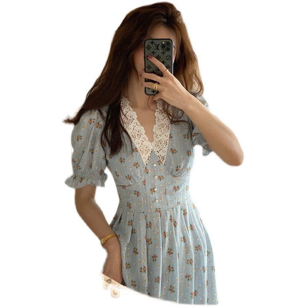 Vestido Largo Retro Francés con Estampado Floral