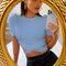 Blusa Ajustada de Manga Corta Abullonada con Cuello Redondo en Tela Acanalada