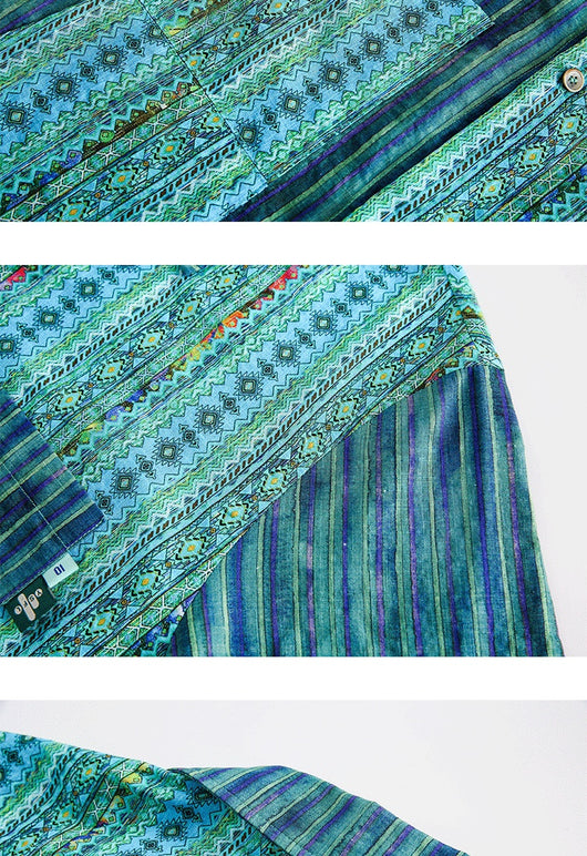 Camisa Suelta Hombre Rayas Étnicas Patchwork Manga Corta Retro - Image 12