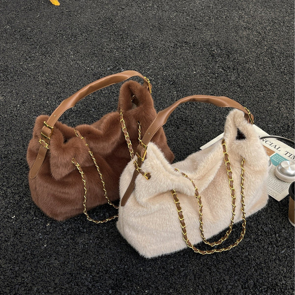 Bolsa de Hombro Grande con Pelaje para Mujer - Bolso Mensajero de Capacidad Amplia