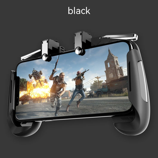 Black and white mobile gaming controller with physical buttons attached to a smartphone displaying a gunfight game. - Image 8