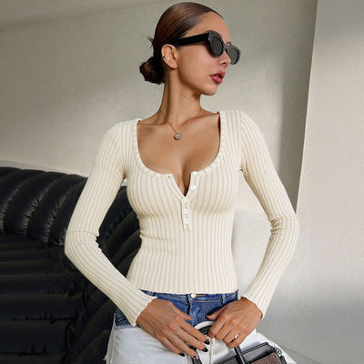 Suéter Elegante Tipo Polo con Cuello en U y Botones - Ajuste Slim Americano