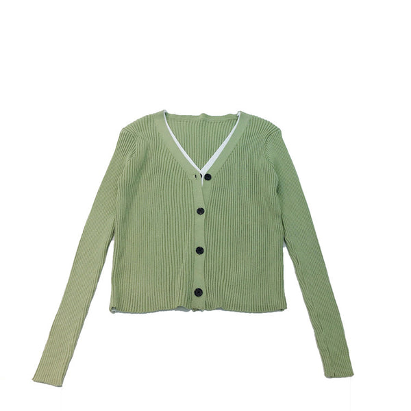 Cardigan Tejido Falsa Dos Piezas Mujer Cuello V Manga Larga
