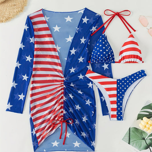 Women's three-piece swimsuit with American flag print, including a halter bikini and a long-sleeved mesh cover-up.