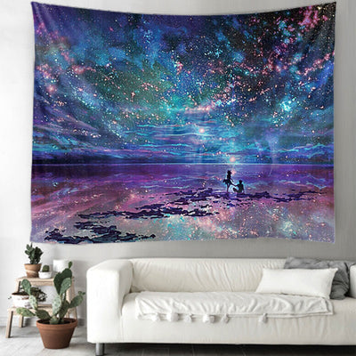 Starry night galaxy tapestry with purple and blue hues, featuring two silhouetted figures on a reflective shore. - Image 5