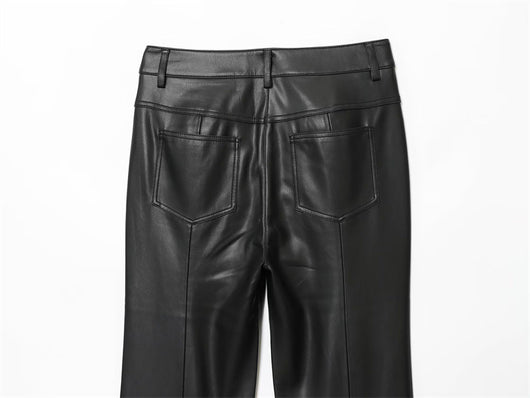 Pantalones de Cuero Casual Efecto Pierna Larga con Cintura Elástica y Bota Acampanada - Image 18