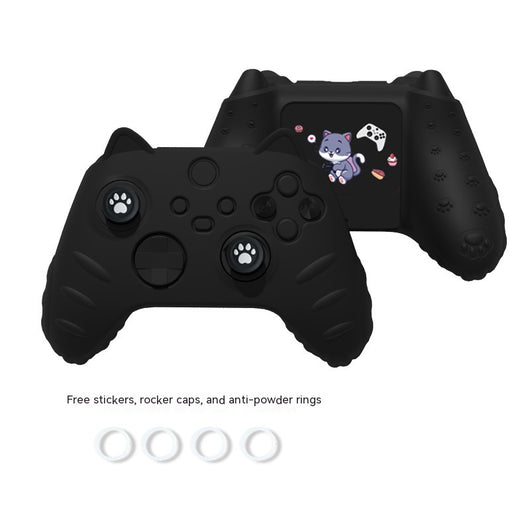 Light yellow silicone Xbox Series controller cover with cat ears, paw print joystick caps, and a cartoon cat sticker. - Image 6