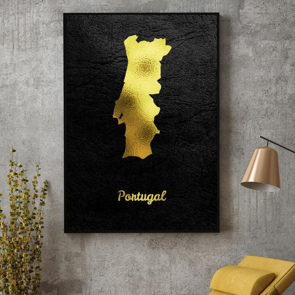Cuadro Mapa de Portugal en Dorado - Lienzo Decorativo para Sala de Estar