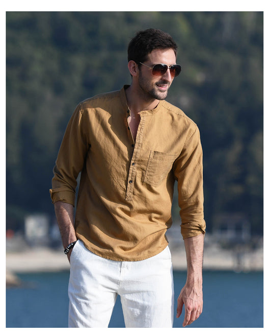 Camisa Casual de Lino y Algodón con Cuello Mao para Hombre - Image 28