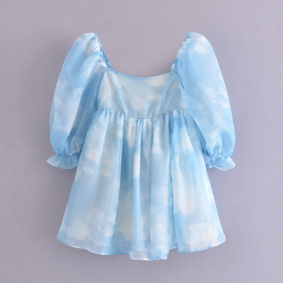 Vestido Azul Cielo con Mangas Abullonadas y Estampado Nube para Mujer - Image 6