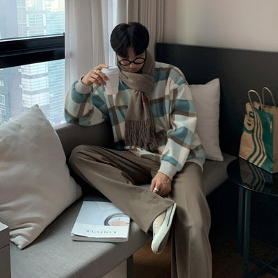 Suéter Cuadros Grueso Hombre Cuello Redondo Abrigo Invierno Oversize - Image 9