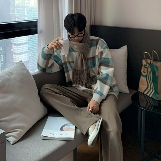 Suéter Cuadros Grueso Hombre Cuello Redondo Abrigo Invierno Oversize - Image 9