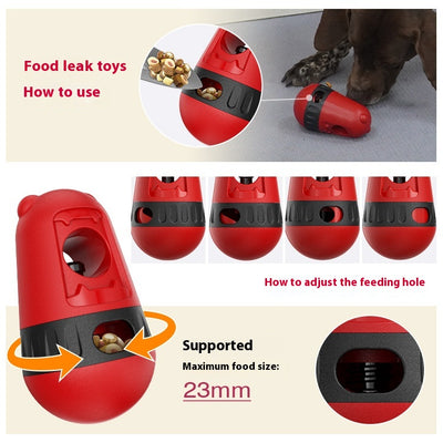 Red and black slow feeder dog toy with a treat dispenser, next to a bulldog playing with a green and yellow version. - Image 12