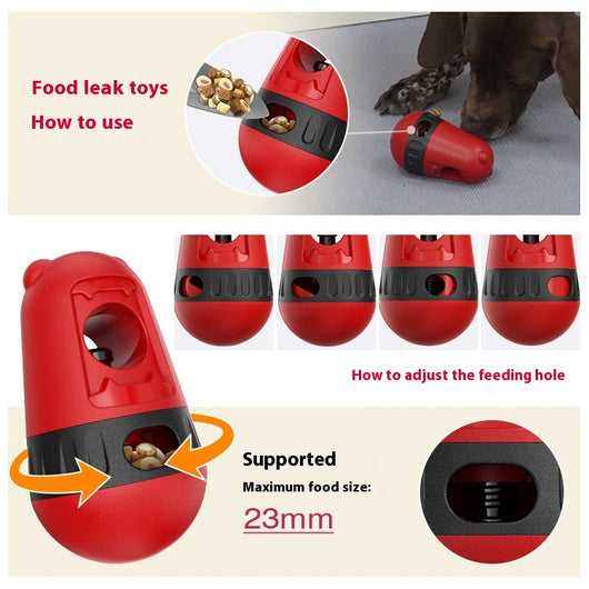 Red and black slow feeder dog toy with a treat dispenser, next to a bulldog playing with a green and yellow version. - Image 12