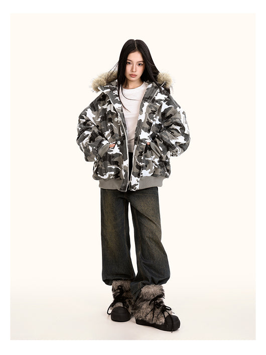 Chaqueta Acolchada de Algodón con Cuello de Pelaje y Diseño Camuflaje Retro - Image 14