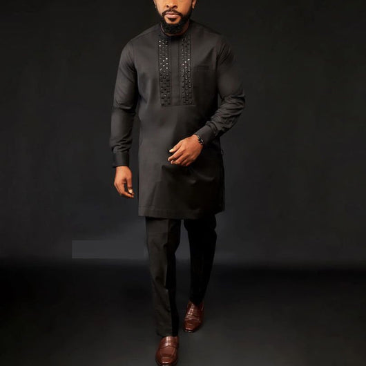 Traje Étnico Africano para Hombre con Camisa de Strass y Pantalón Liso - Image 4