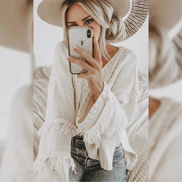 Suéter Mujer Cuello Redondo Manga Larga con Borlas - Diseño Clásico Liso