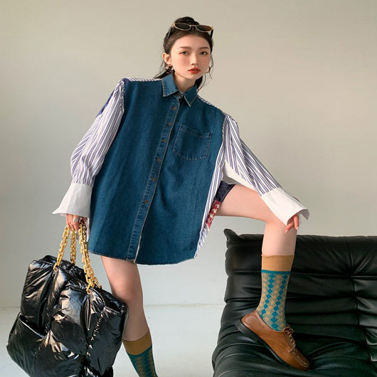 Vestido Camisero Denim con Parches Estilo Coreano Holgado para Mujer - Image 4