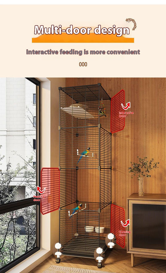 Large black metal bird cage with two columns and three levels, including perches, platforms, food bowls, and a pull-out tray. Two parrots are visible inside. - Image 13