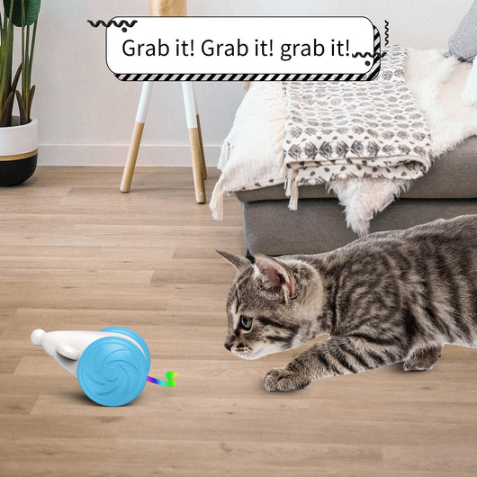 White and blue interactive cat toy shaped like a mouse with large wheels and a colorful, luminous tail. - Image 10